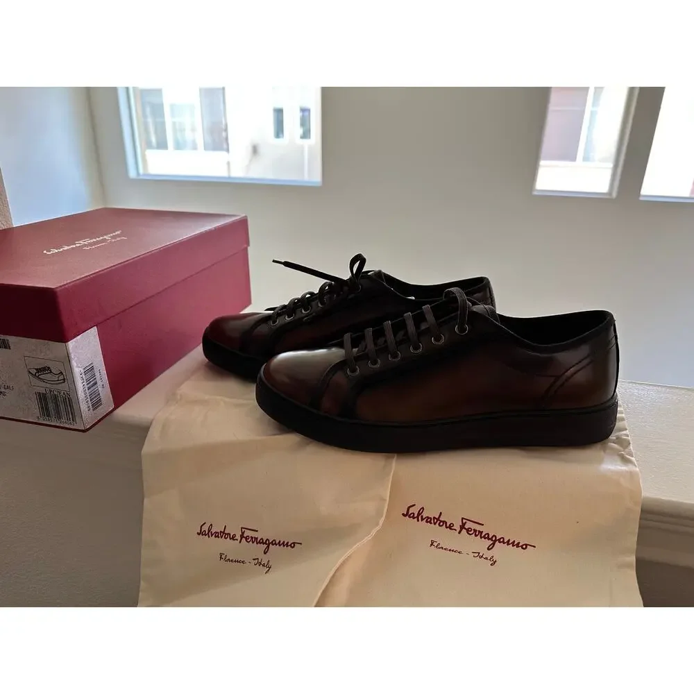 NWT Salvatore Ferragamo Men's Fulton Brown Leather Sneakers